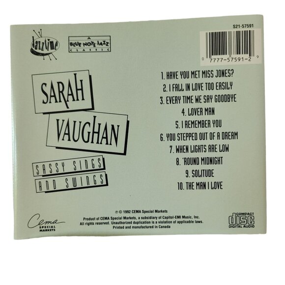 Sarah Vaughan "Sassy Sings And Swings" CD - 1992 CEMA Special Markets  37334cd - Picture 3 of 3